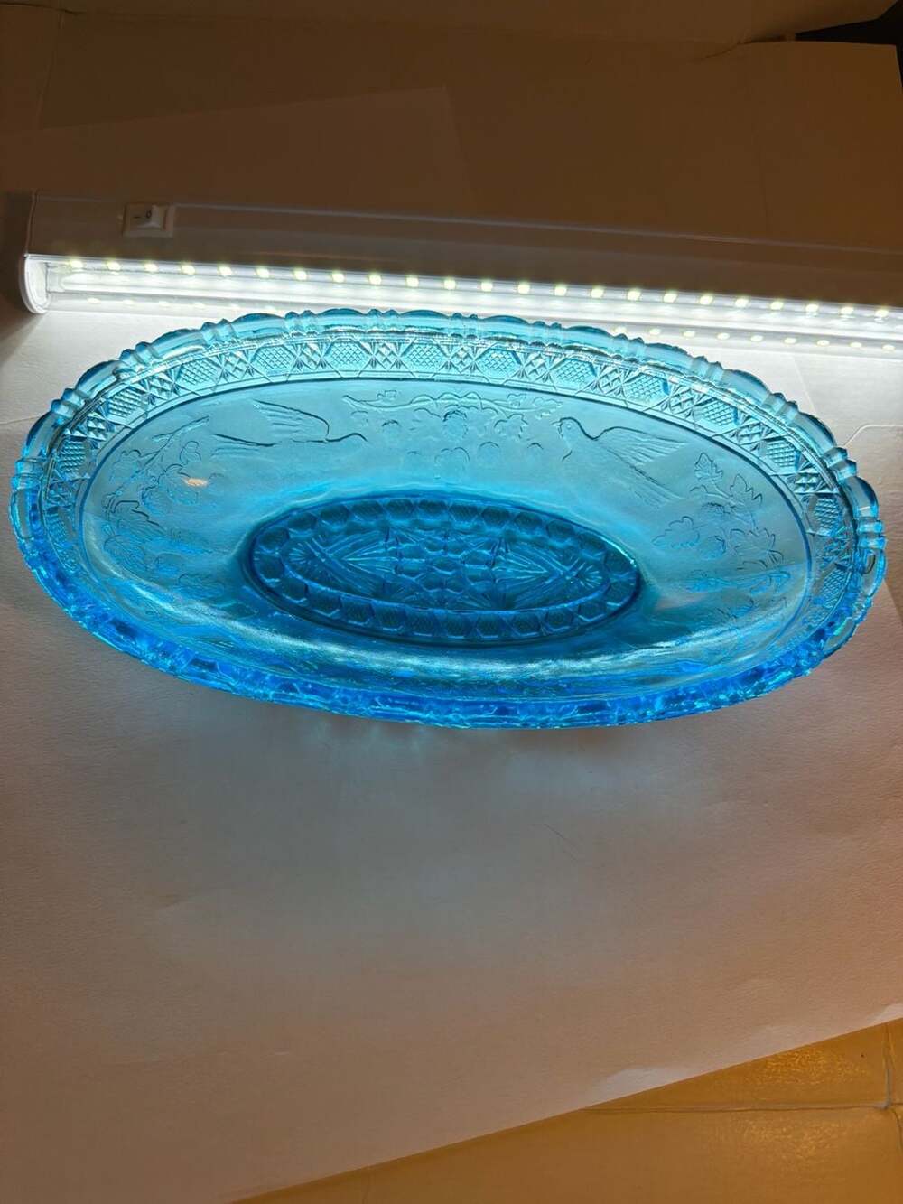 Boyd Glass Blue Bird of Happiness Oval Serving Bowl